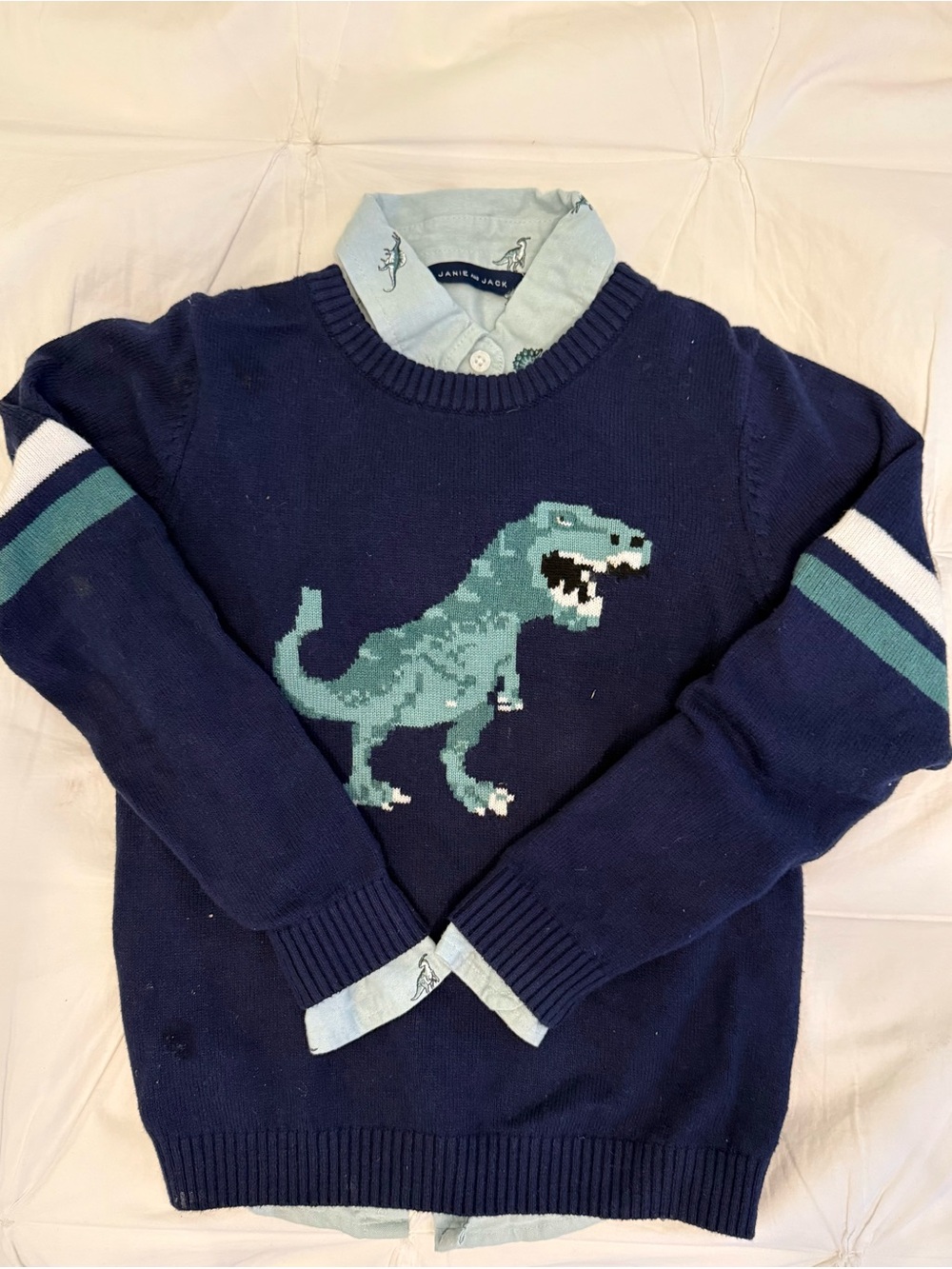 Janie and Jack Navy Crewneck Sweater and Button-up Shirt Dinosaur